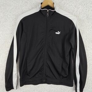 Puma Black Full Zip Track Jacket Womens XL White Stripe Retro Athletic Slim Fit